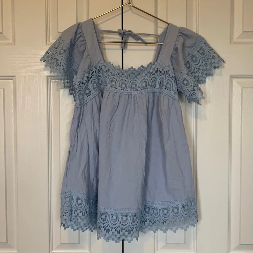 ✨WORN ONCE✨ Square Neck Lace Crochet Flowy Casual Boho Blouse - Picture 8 of 12